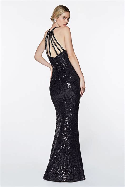 Fitted Halter Sequin Gown Black Long Illusion Sides Strappy Back Shobo