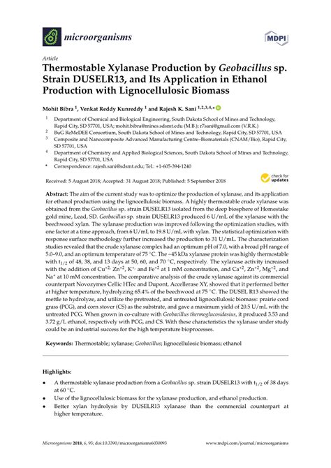 Pdf Thermostable Xylanase Production By Geobacillus Sp Strain Duselr And Its Application
