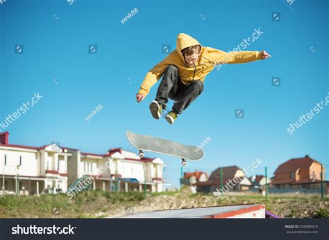 Teenager Skateboarder Does Flip Trick Skatepark Stock Photo 635680919