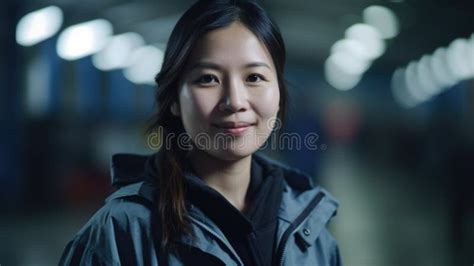 A Smiling Chinese Female Factory Worker Standing In Metal Sheet Factory
