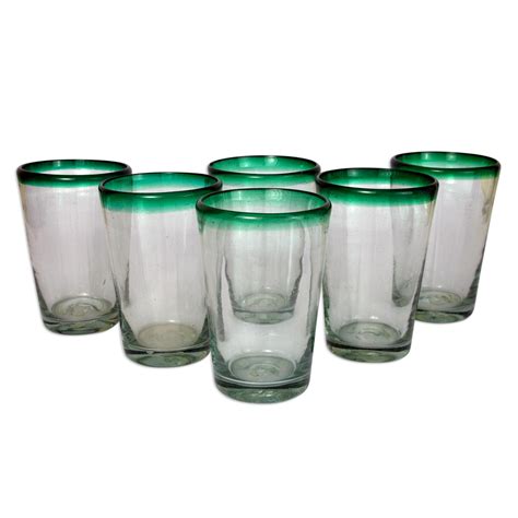Handblown Glass Clear And Green Water Glasses Set Of 6 Conical Novica