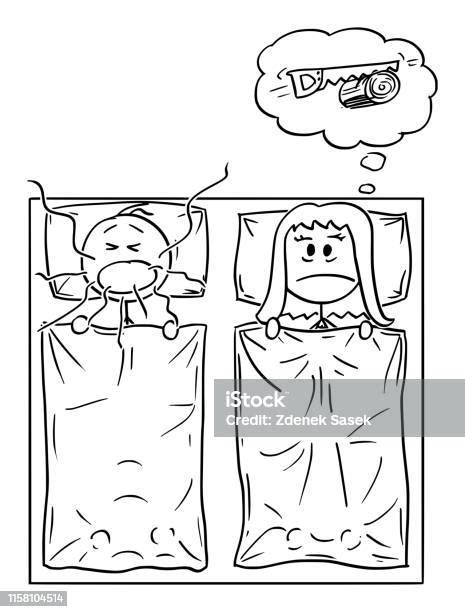 vector cartoon of couple in bed and man snoring woman cant sleep stock illustration download