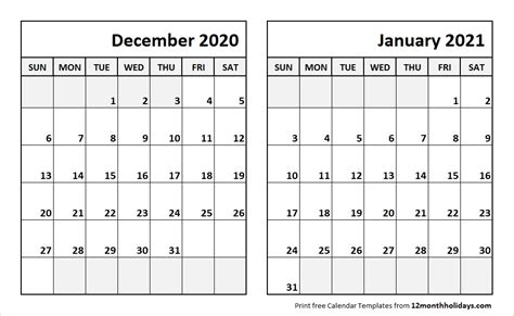 Print December 2020 January 2021 Calendar Template 2 Month Calendar