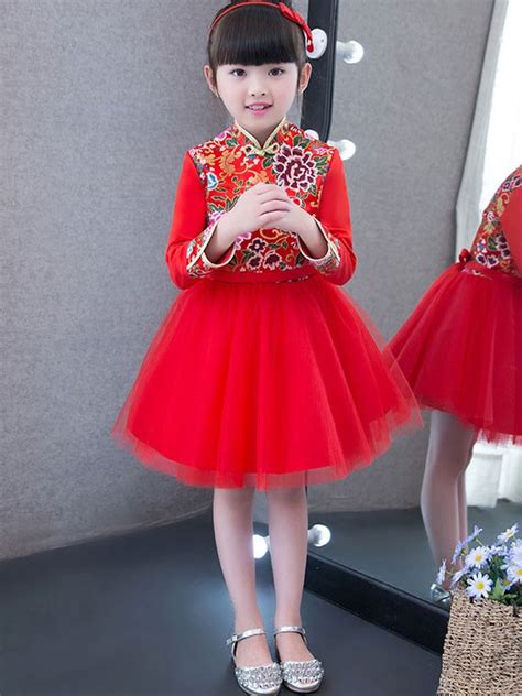Kids Red Cheongsam Qipao Dress With Tulle Skirt Cozyladywear