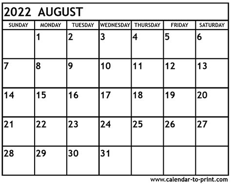 August 2022 Calendar Printable