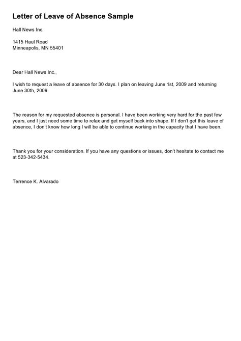 Absence Request Letter Sample Leave Of Absence Letter Request With Template Examples