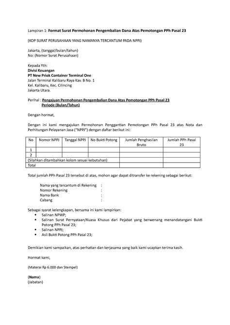 Lampiran Format Surat Permohonan Pengembalian Dana Atas Pemotongan Pph Pasal Lampiran