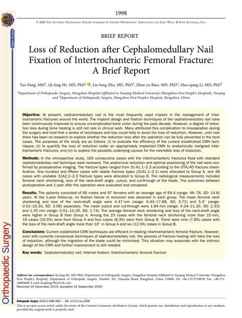 Pdf Loss Of Reduction After Cephalomedullary Nail Fixation Of