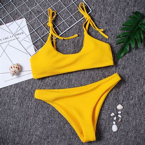 Sexy Pure Color Women Solid Swimsuit Sling Bikini Bathing Bow Beachwear