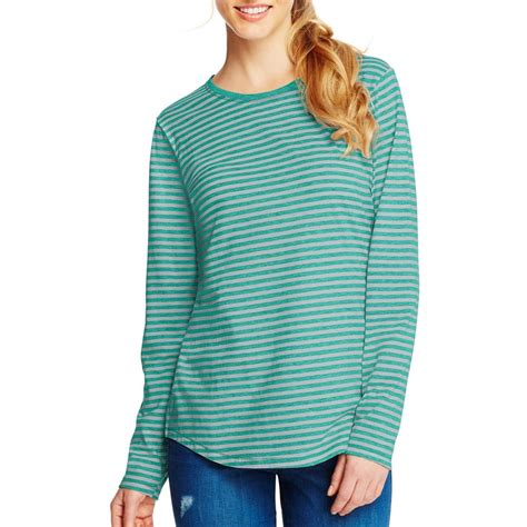 Hanes Womens Striped Shirttail Long Sleeve Crewneck T Shirt