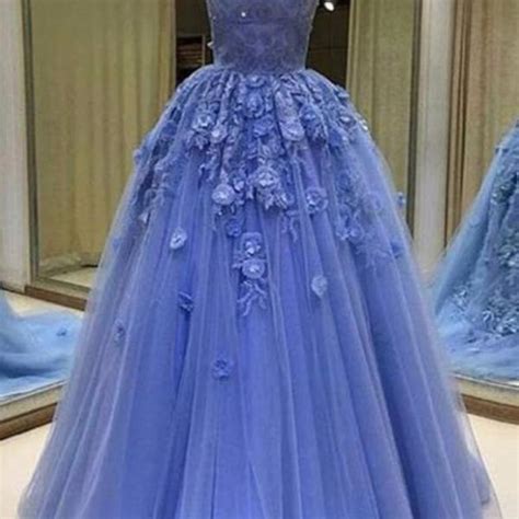 Kateprom Blue Tulle Sweetheart Prom Dresses 3d Lace Appliques Evening