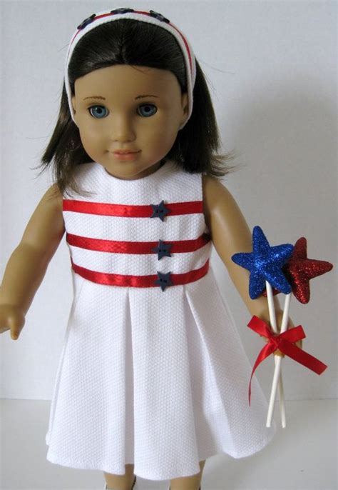 miss patriotic white pique dress with red ribbon blue stars etsy doll clothes american girl