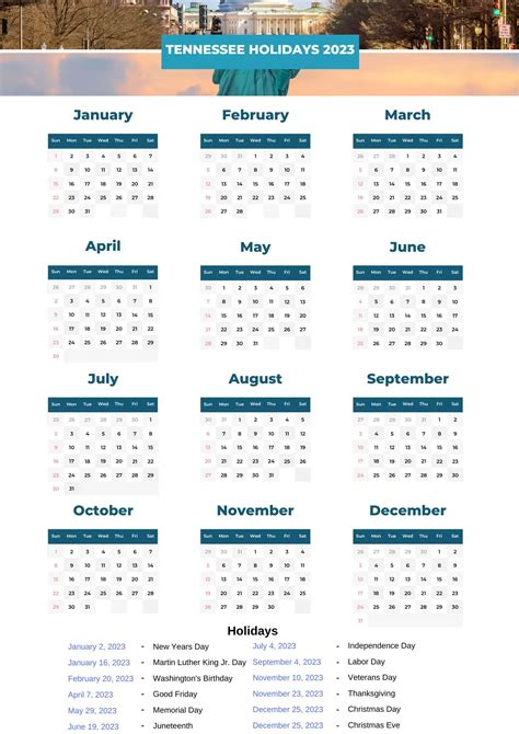 Tennessee State Holidays 2023 With Printable Ca Calendar