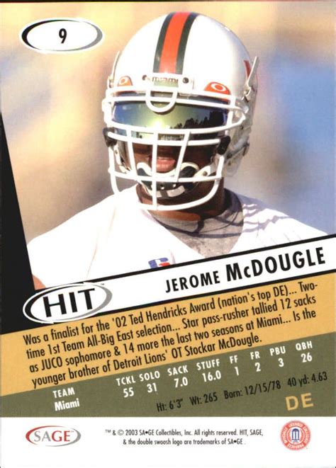 2003 Sage Hit 9 Jerome Mcdougle Ebay