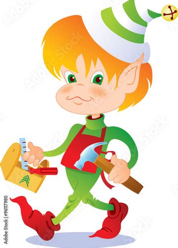Busy Christmas Elf Carrying A Toolbox And Hammer Stock Image And