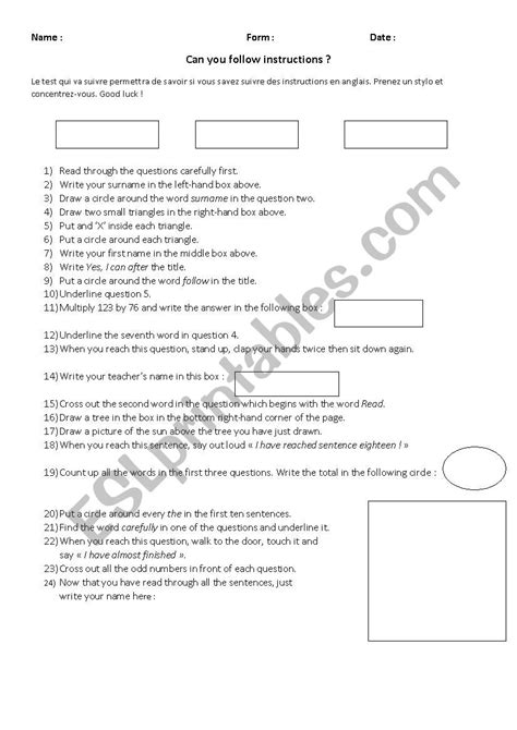 English Worksheets Can You Follow The Instructions
