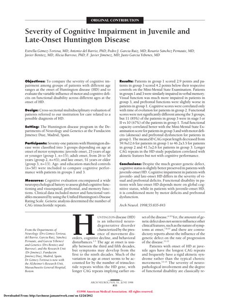Pdf Severity Of Cognitive Impairment In Juvenile And Late Onset Huntington Disease