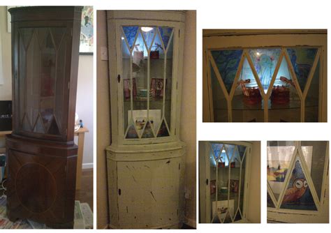 Old Mahogany corner cabinet given a new lease of life. Repainted shabby chic style and artwork ...