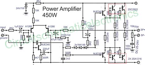 This is the circuit diagram of 2000w class ab power amplifier uses 7 pairs mj15003 and mj15004 transistors for the final amplification block. 450W Amplifier Circuit - Electronics Circuit
