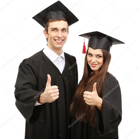 Dos Estudiantes Graduados Felices Aislados En Blanco — Foto De Stock