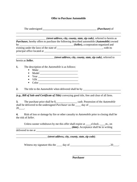 Offer To Purchase Automobile Selling Car Form Fill Out And Sign