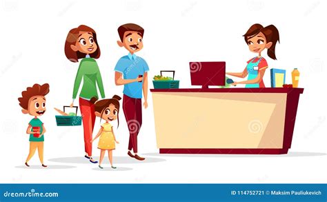 People At Supermarket Checkout Counter Vector Cartoon Stock Vector