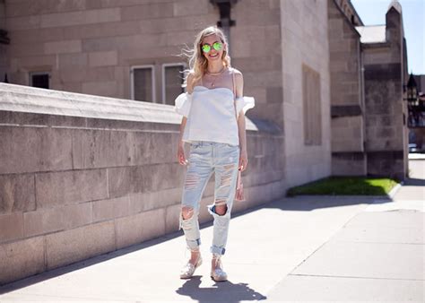 Cocorosa Blogger Top Jeans Shoes Sunglasses Off The Shoulder White Top
