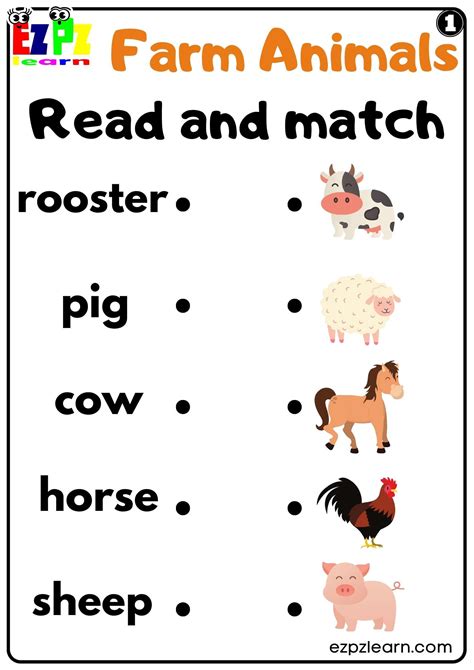 Farm Animals Read and Match Worksheet for Kindergarten or ESL Students