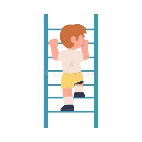 Little Boy Climbing Ladder Being At Kindergarden Playground Vector