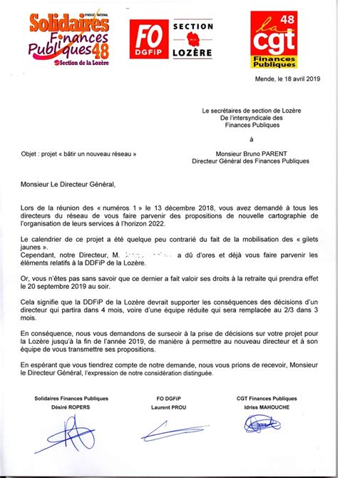 Solidaires Finances Publiques 48 Lettre Au Directeur Général De L