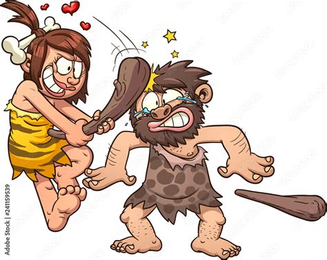 Cavewoman In Love Hitting Caveman In The Head With A Wooden Club Vector Clip Art Illustration