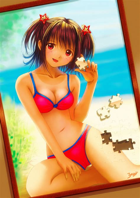 Kobayashi Yuji Highres 1girl Beach Bikini Blush Breasts Brown