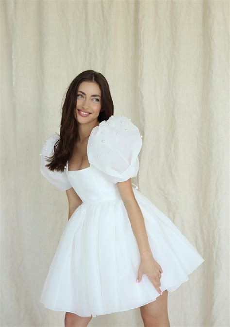 Short Wedding Organza Dress With Puff Sleeves For Rehearsal Dinner Or