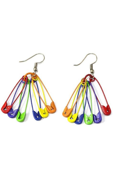 Girly Rainbow Safety Pin Drop Earrings Funky Fun Fashion Earrings