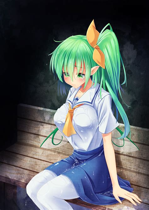 Zob Daiyousei Touhou Highres 1girl Adapted Costume Bench Blue Skirt Blush Breasts