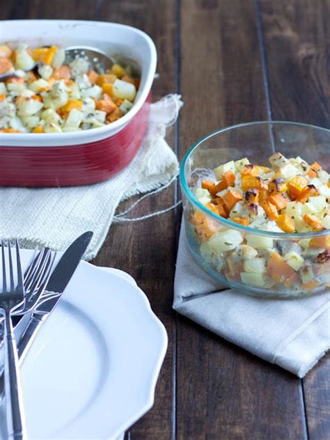This cheesy root vegetable gratin recipe is an easy and delicious vegetable side dish. Root Vegetable Bake - Oh Sweet Basil