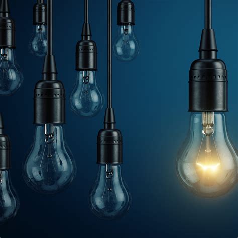Unique, leadership, new idea concept - One light bulb lamp glowi 