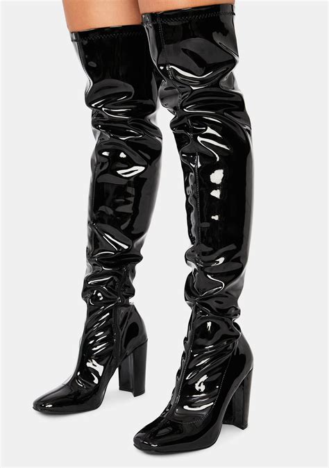 Patent Faux Leather Thigh High Heeled Boots Black Dolls Kill