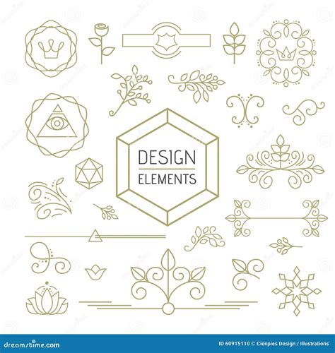 Design Element Set Mono Line Art Ornamental Nature Stock Vector