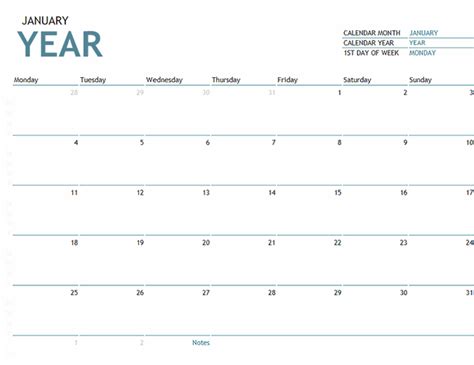 Any Year One Month Calendar With Notes Template Visual Paradigm Tabular