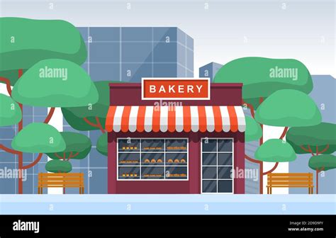 Showcase Bakery Shop Food Store Facade City Cartoon Illustration Stock