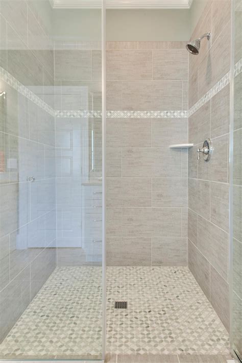 Beautiful Gray Tile Shower With Thin Accent Strip