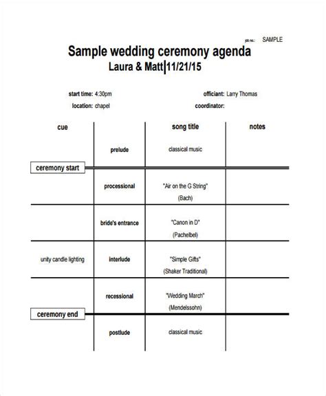 Wedding Agenda Examples