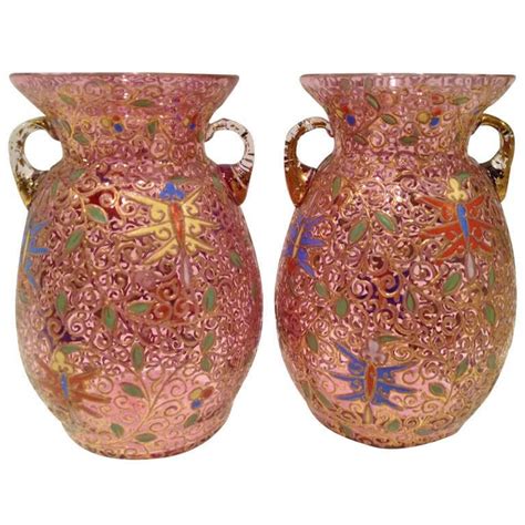 Fine Pair Of Moser Enameled And Gilt Glass Vases C 1900 Glass Vase Moser Glass Bohemian Vase