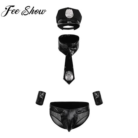 erotic sexy men shiny latex costume mens leather officer policeman sex cosplay uniforms briefs