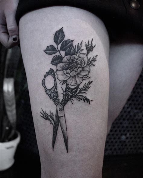 Floral Scissors Tattoo On Thigh By Sakim Cosmetology Tattoos
