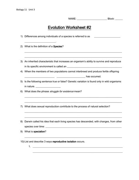Types Of Evolution Worksheet