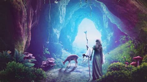 Heaven Cave Girl Deer Fantasy Art Hd Artist 4k