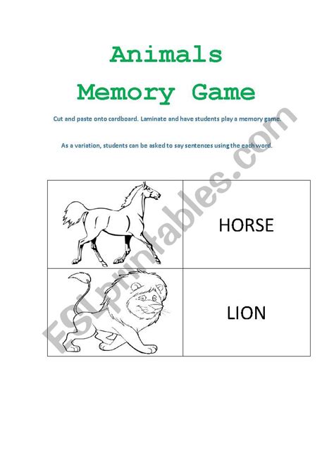 Animals Memory Game Esl Worksheet By Daysealvesbarbosa