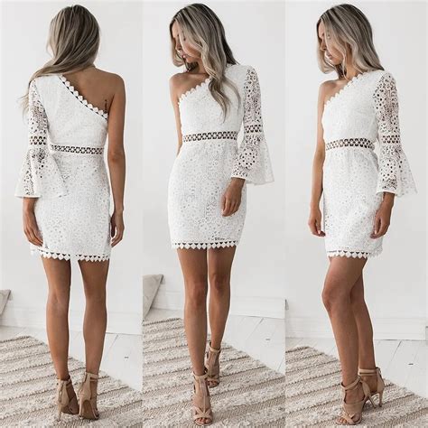 Buy Lace White Cocktail Dresses Cheap Straight One Shoulder White Short Party